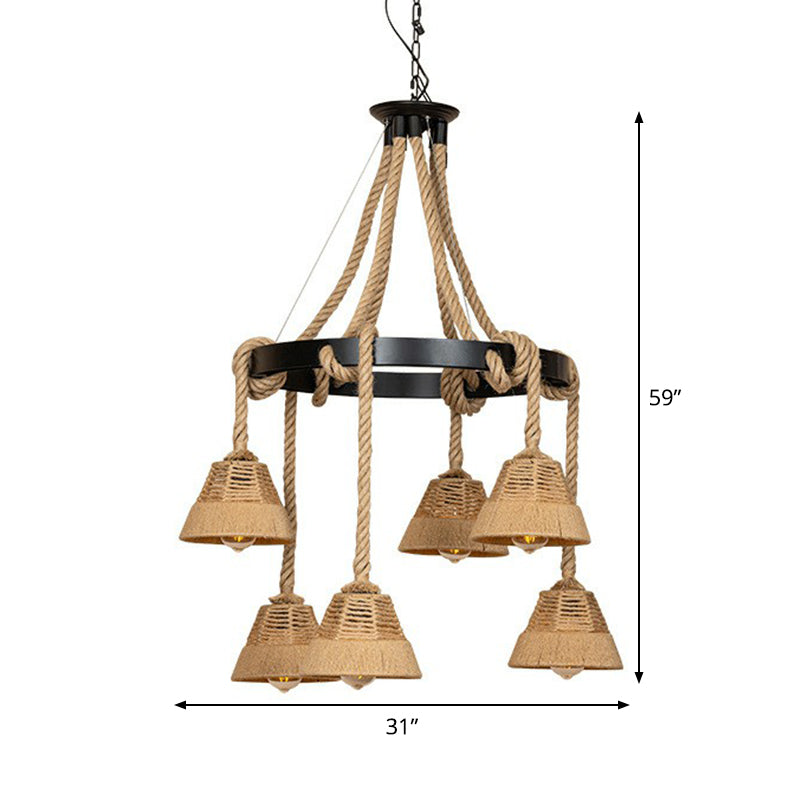 Carillon Cottage Brown Roped Pendant Chandelier - 6-Light Ceiling Fixture For Restaurants