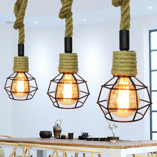 Lampe à pendule avec cage en fer et corde décorative en marron - Parfait pour les bars à vin ruraux