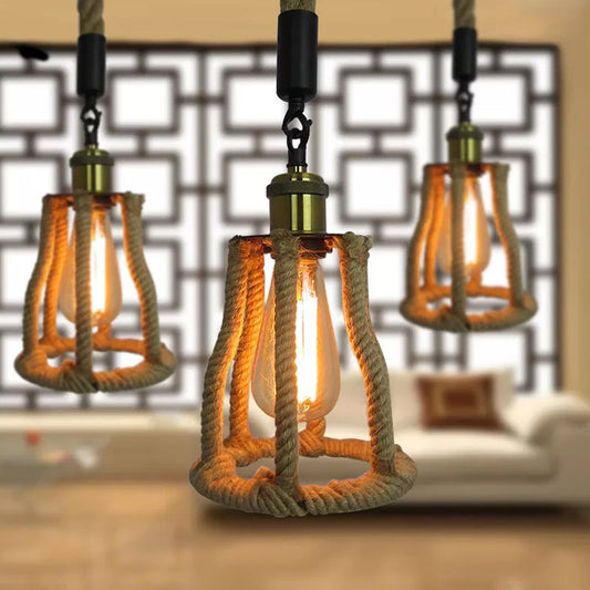 Suspension cage rustique marron : suspension à 1 ampoule en corde de fibre naturelle pour salon