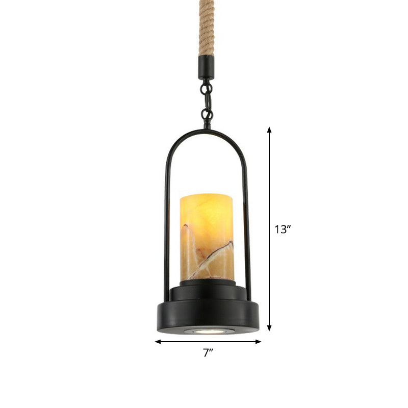 Lampe suspendue pour bar à vin avec fausses bougies - Marbre rural, 1 ampoule - Lampe suspendue noire avec cadre arqué et détails en corde