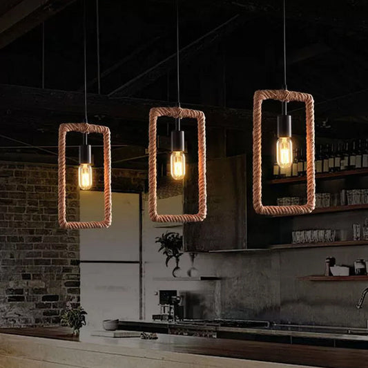 Lampe suspendue rustique à 1 lumière avec cadre en corde marron pour salons
