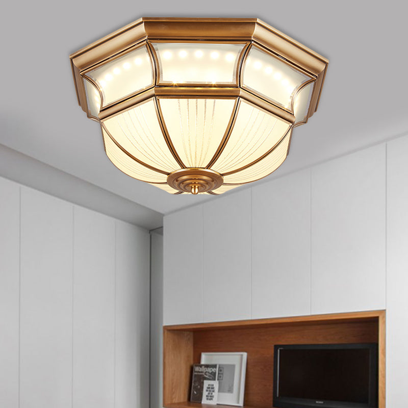 Colonial Flush Mount LED Ceiling Light with Opal Glass in Brass - 14"/18" Sizes