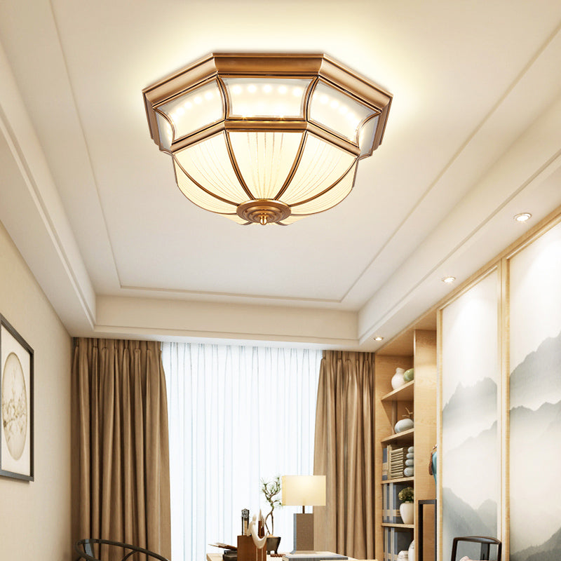 Colonial Flush Mount LED Ceiling Light with Opal Glass in Brass - 14"/18" Sizes