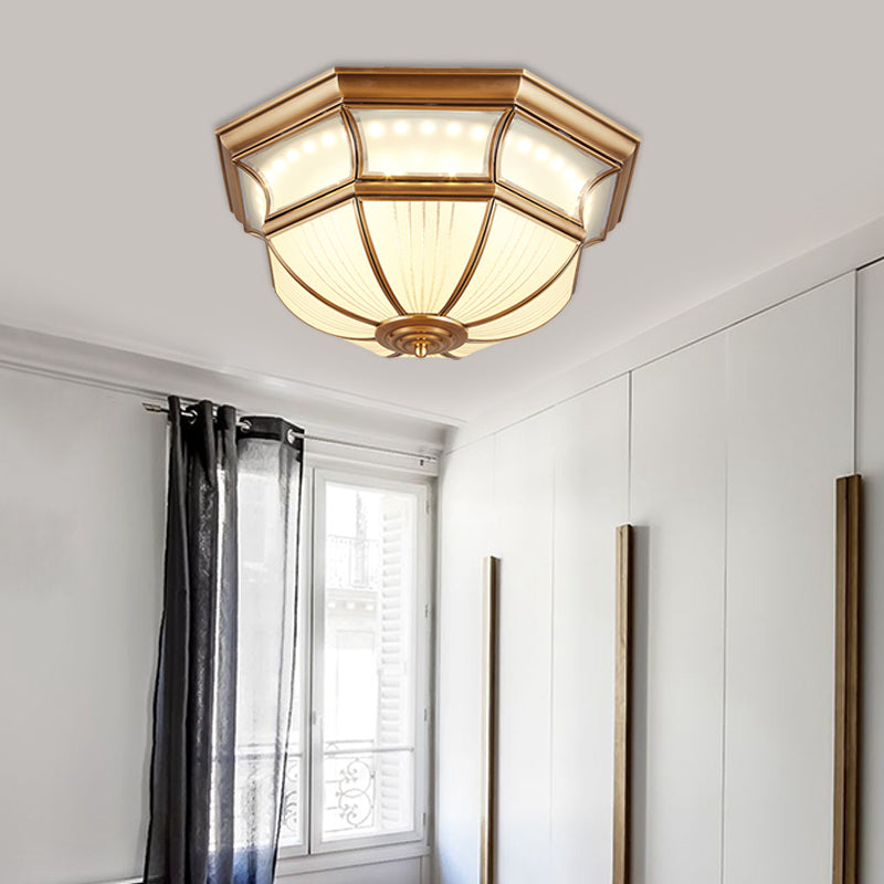 Colonial Flush Mount LED Ceiling Light with Opal Glass in Brass - 14"/18" Sizes