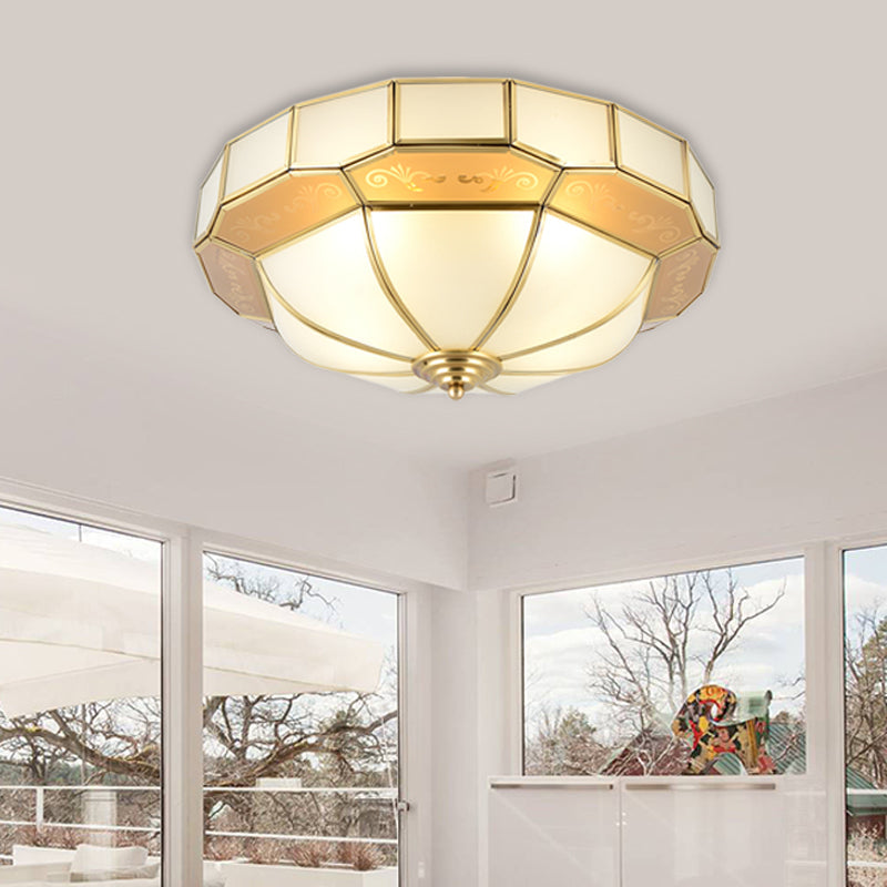 Colonial Milky Glass Bowl Ceiling Fixture, 3/4-Bulb Living Room Flush Mount Lamp in Brass, 16"/19.5" Width