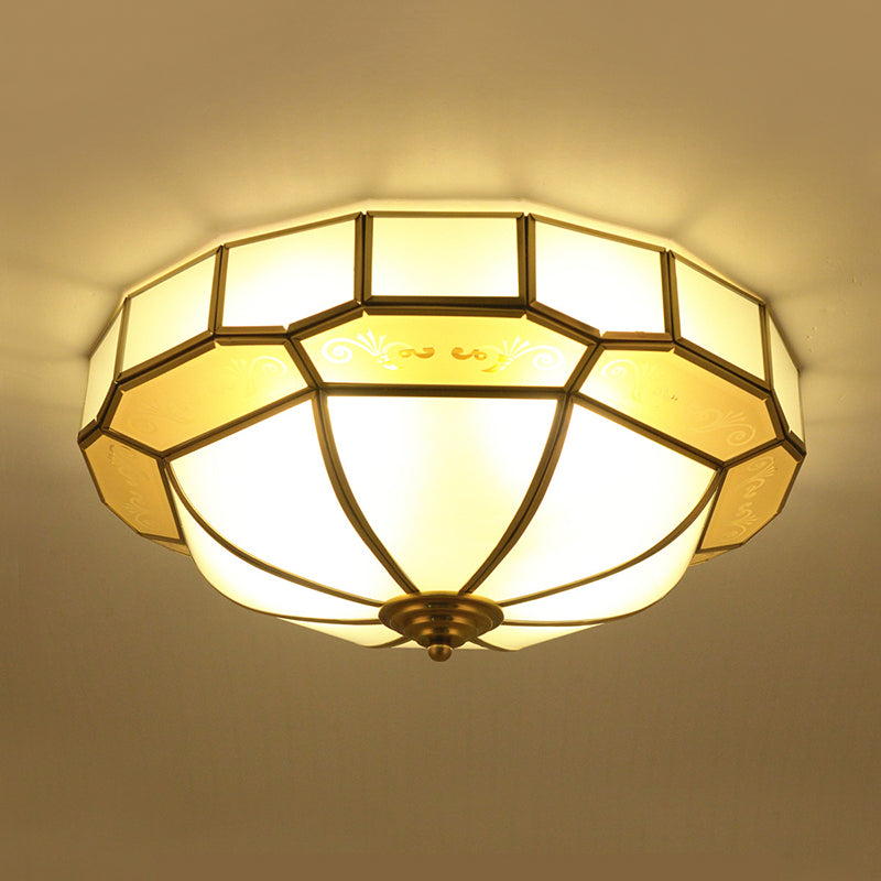 Colonial Milky Glass Bowl Ceiling Fixture, 3/4-Bulb Living Room Flush Mount Lamp in Brass, 16"/19.5" Width