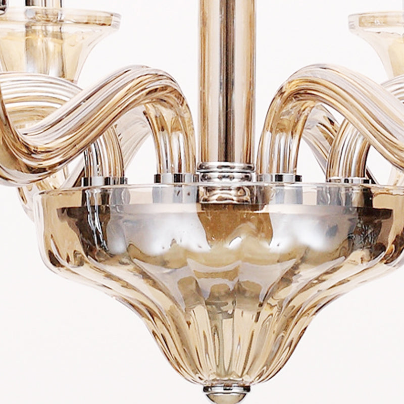 Vintage Curvy Arm Chandelier With 6 Head Clear/White/Black Glass Hanging Pendant Lamp In Chrome For