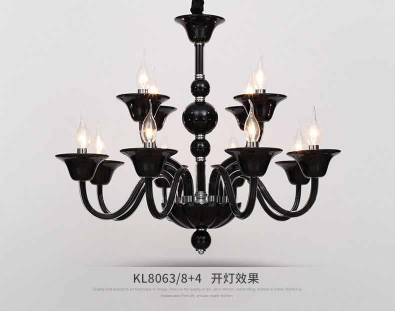 Vintage Curvy Arm Chandelier With 6 Head Clear/White/Black Glass Hanging Pendant Lamp In Chrome For