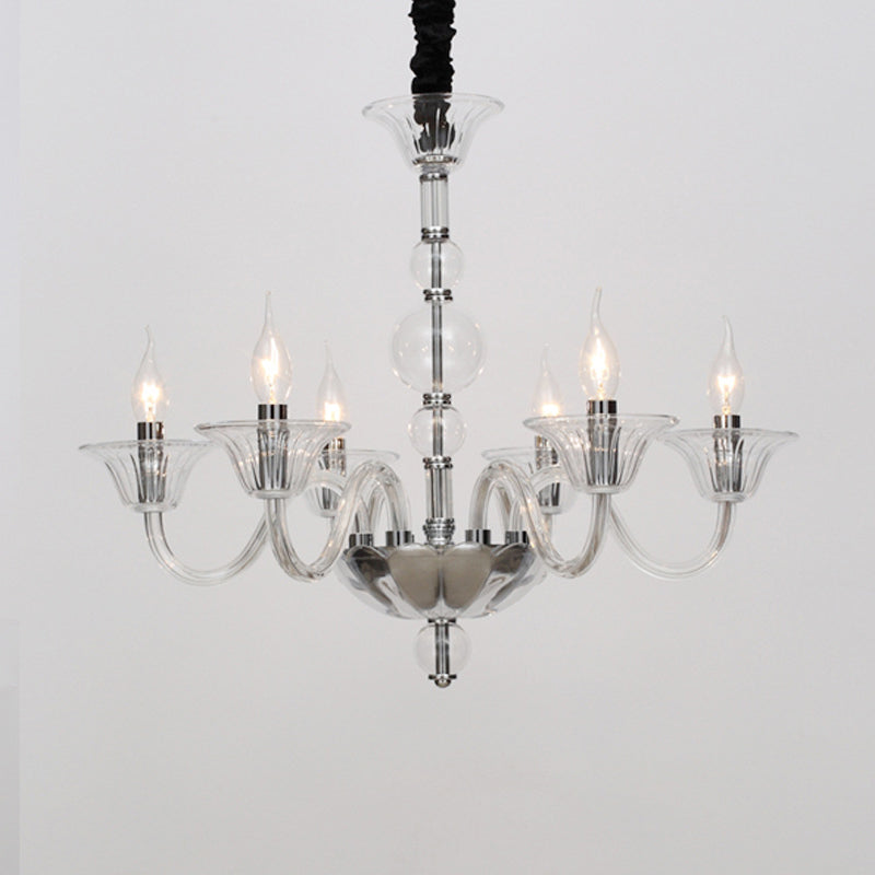 Vintage Curvy Arm Chandelier With 6 Head Clear/White/Black Glass Hanging Pendant Lamp In Chrome For