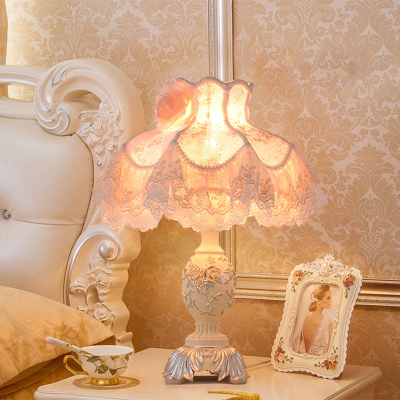 Contemporary Lace Dress Nightstand Lamp With Beige Fabric Shade And Rose Decor - 1-Bulb Night Table