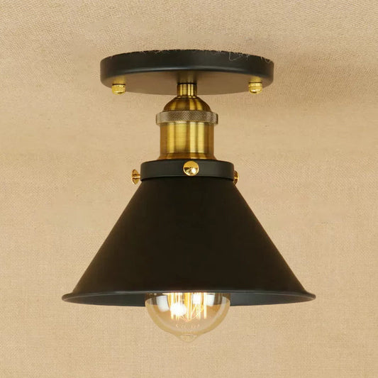 Industrial Iron Cone Shade 1-Light Ceiling Lamp: Rust/Black/Copper Semi Mount Lighting
