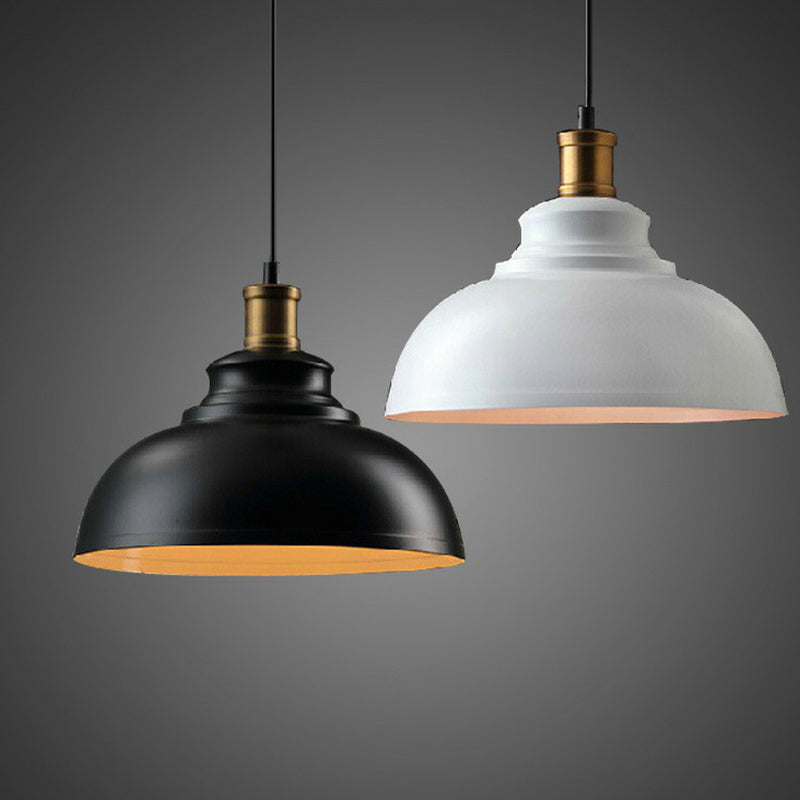 Lampe de plafond à suspension industrielle en métal en forme de bol - Suspension à une ampoule en noir/blanc