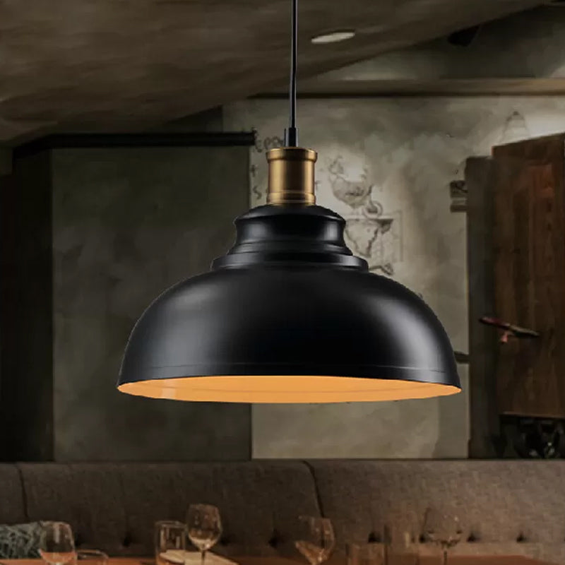 Lampe de plafond à suspension industrielle en métal en forme de bol - Suspension à une ampoule en noir/blanc