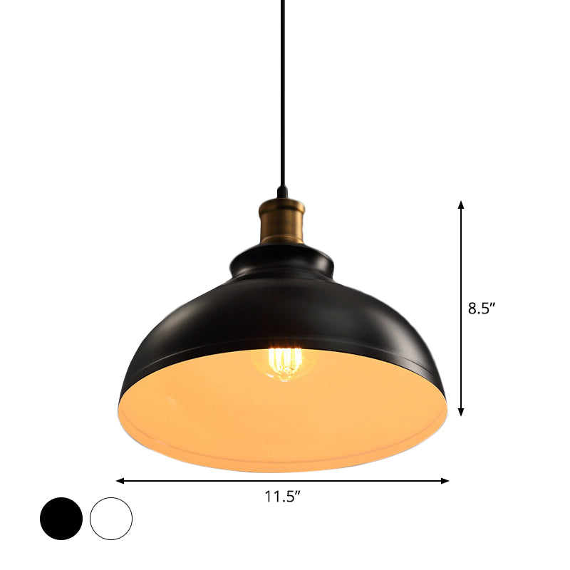 Lampe de plafond à suspension industrielle en métal en forme de bol - Suspension à une ampoule en noir/blanc