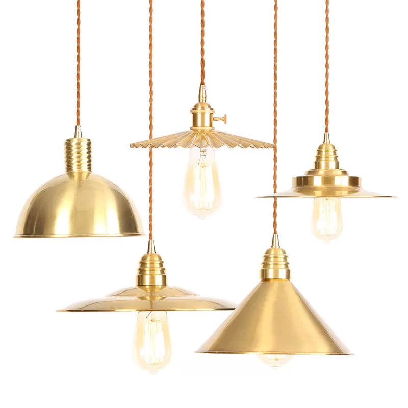 Lampe à suspension en fer doré vieilli avec abat-jour plat/bol/cône à une ampoule