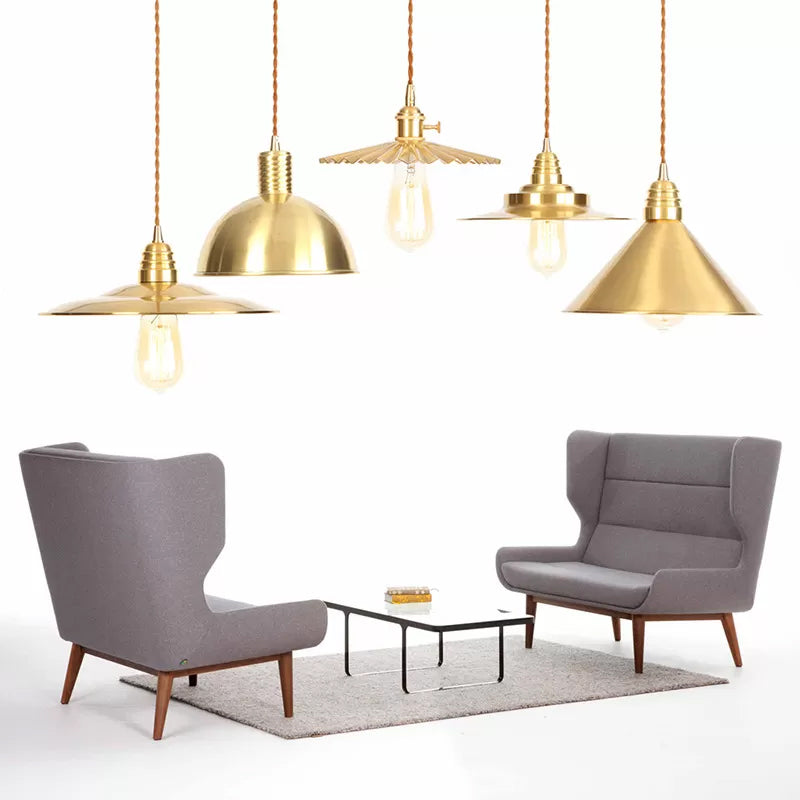 Lampe à suspension en fer doré vieilli avec abat-jour plat/bol/cône à une ampoule