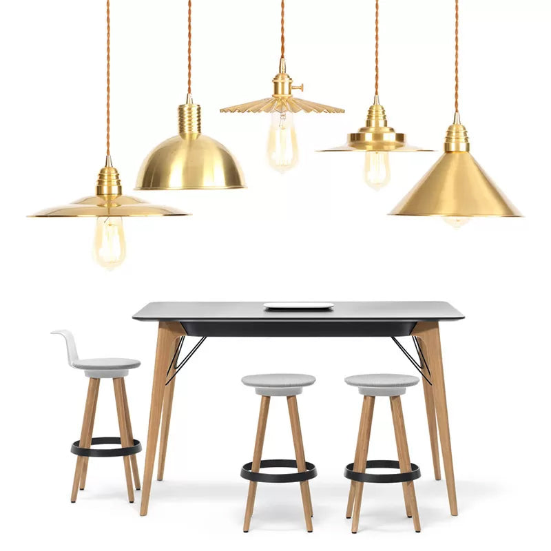 Lampe à suspension en fer doré vieilli avec abat-jour plat/bol/cône à une ampoule