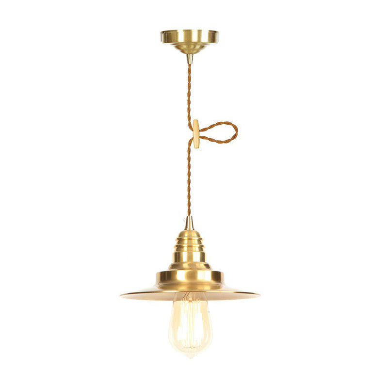 Lampe à suspension en fer doré vieilli avec abat-jour plat/bol/cône à une ampoule