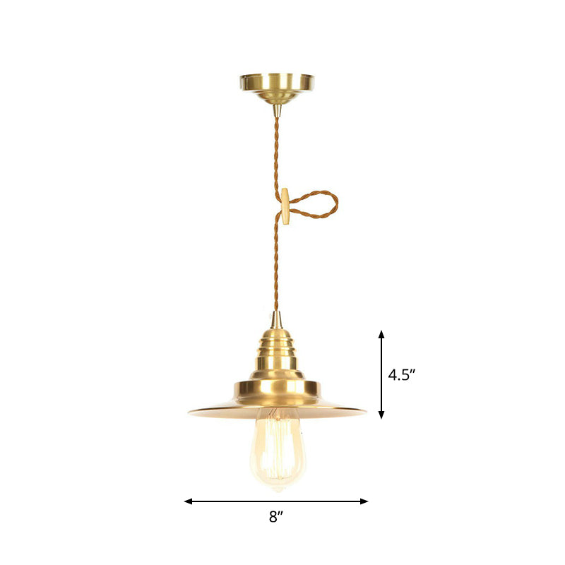 Lampe à suspension en fer doré vieilli avec abat-jour plat/bol/cône à une ampoule