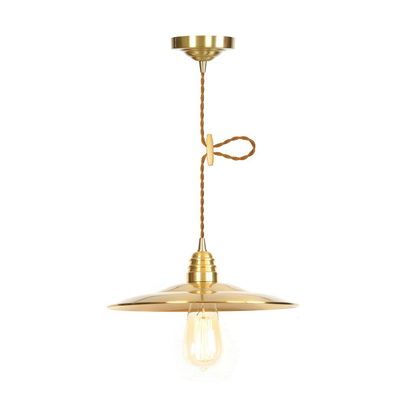 Lampe à suspension en fer doré vieilli avec abat-jour plat/bol/cône à une ampoule