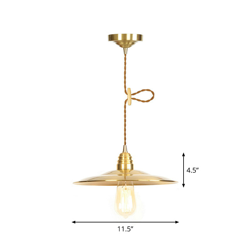 Lampe à suspension en fer doré vieilli avec abat-jour plat/bol/cône à une ampoule