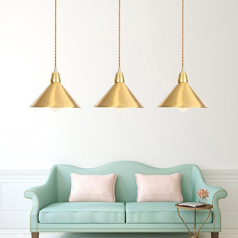 Lampe à suspension en fer doré vieilli avec abat-jour plat/bol/cône à une ampoule