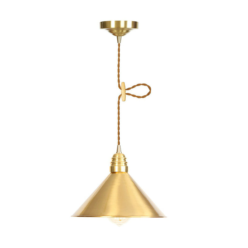 Lampe à suspension en fer doré vieilli avec abat-jour plat/bol/cône à une ampoule