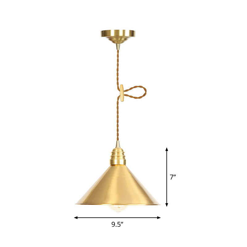 Lampe à suspension en fer doré vieilli avec abat-jour plat/bol/cône à une ampoule
