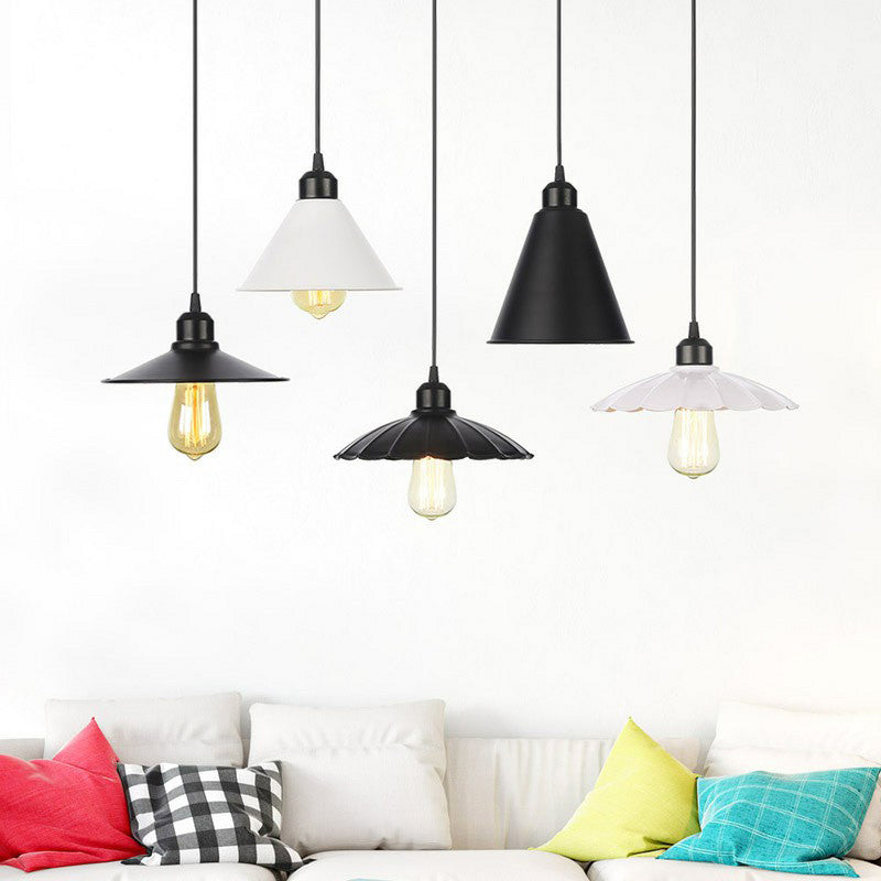 Plafonnier rustique avec abat-jour évasé en fer pour salon - Kit de suspension noir/blanc