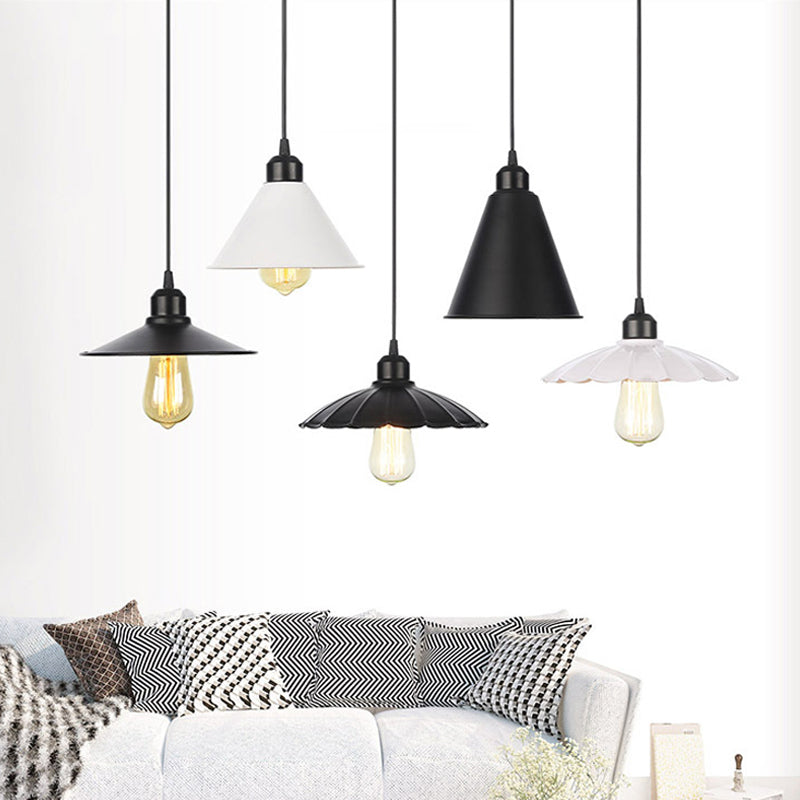 Plafonnier rustique avec abat-jour évasé en fer pour salon - Kit de suspension noir/blanc