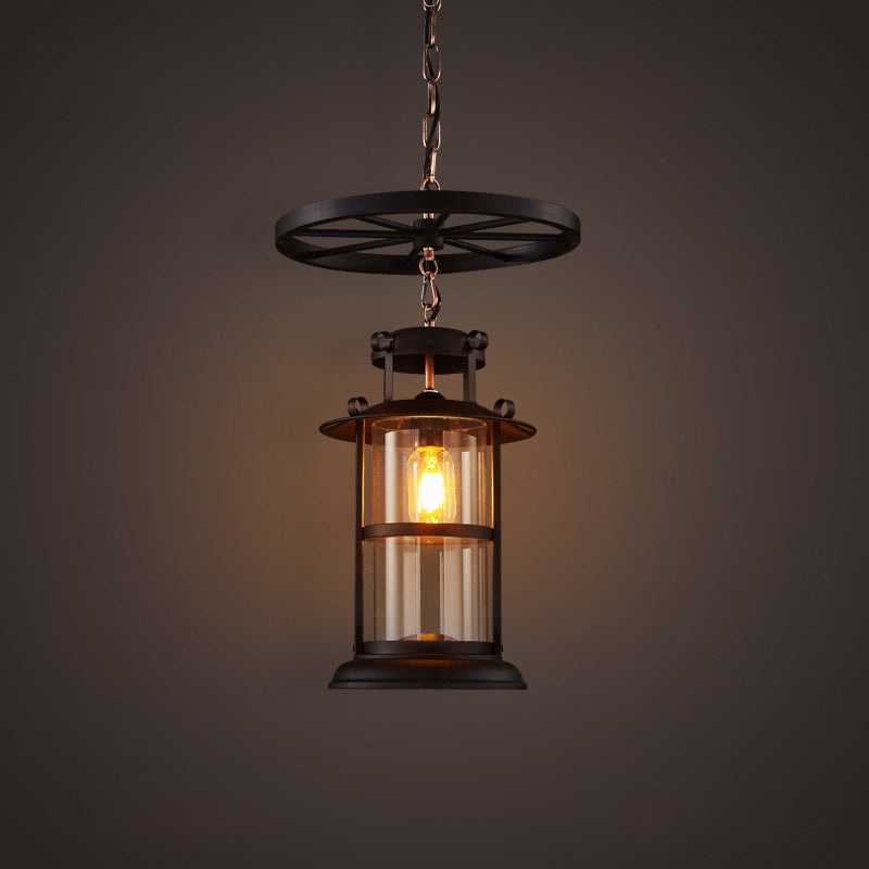 Industrial Metal Cage Pendant Lamp with Wheel Decoration - Black