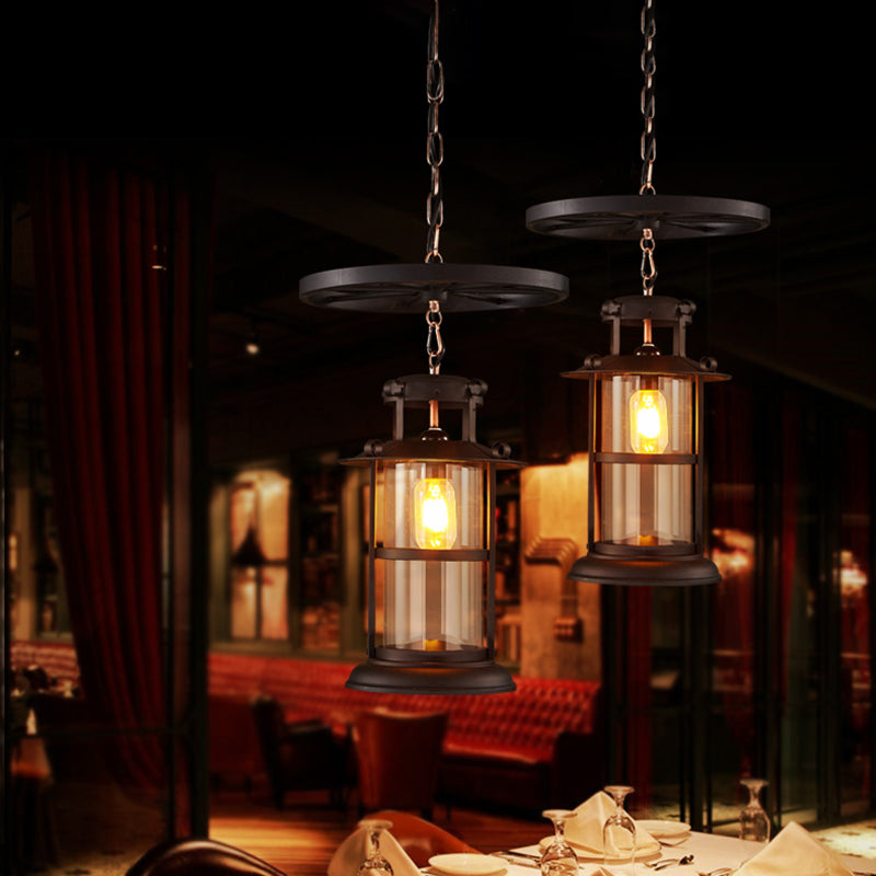 Industrial Metal Cage Pendant Lamp with Wheel Decoration - Black