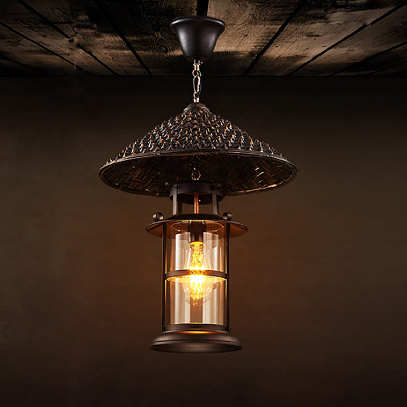 Rustic Black Hanging Pendant Light with Transparent Glass Cylinder and Pointy Hat Decoration, Single Bulb