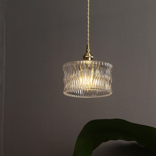 Lampe à suspension cylindrique en verre côtelé doré antique - Plafonnier simple transparent pour salon