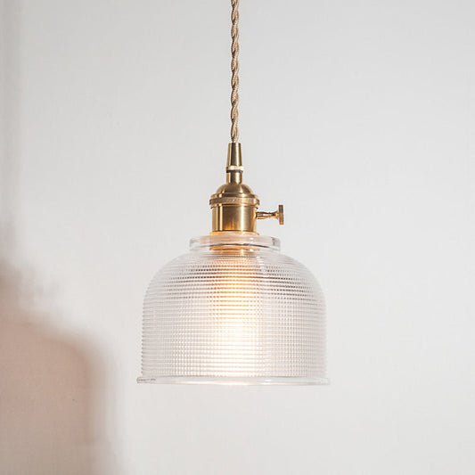 Lampe suspendue rustique en laiton à motif floral avec verre côtelé transparent - Suspension de plafond à 1 lumière pour table