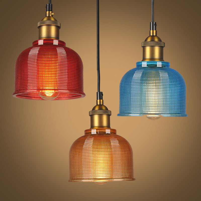 Mila - Retro Retro Style Carillon Pendant Light 1-Light Red/Orange/Blue Gridded Glass Suspension Lighting for Dining Room