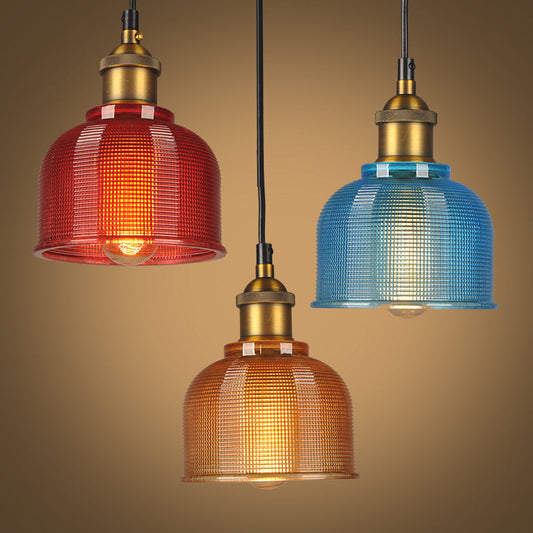 Mila - Retro Retro Style Carillon Pendant Light 1-Light Red/Orange/Blue Gridded Glass Suspension Lighting for Dining Room