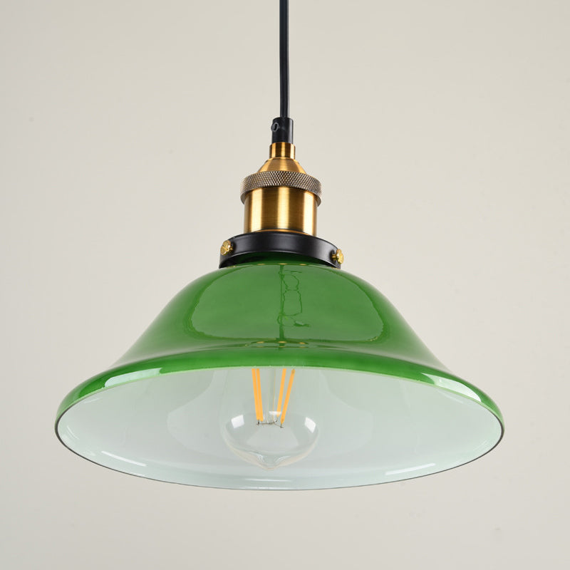 1-Light Vintage Brass Green Glass Pendant Hanging Light Fixture, 8"/10" Width – Perfect for Guest Rooms