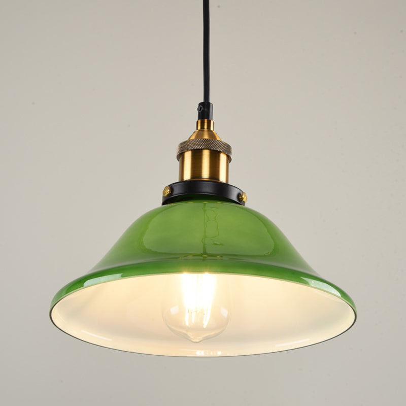 1-Light Vintage Brass Green Glass Pendant Hanging Light Fixture, 8"/10" Width – Perfect for Guest Rooms