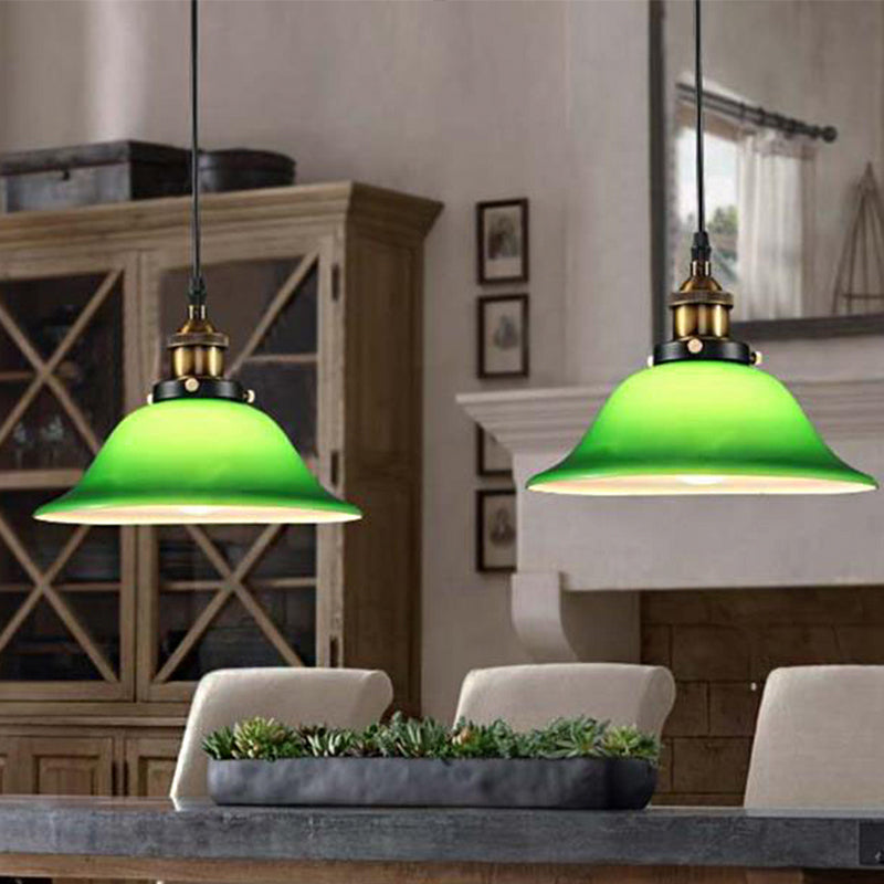 1-Light Vintage Brass Green Glass Pendant Hanging Light Fixture, 8"/10" Width – Perfect for Guest Rooms