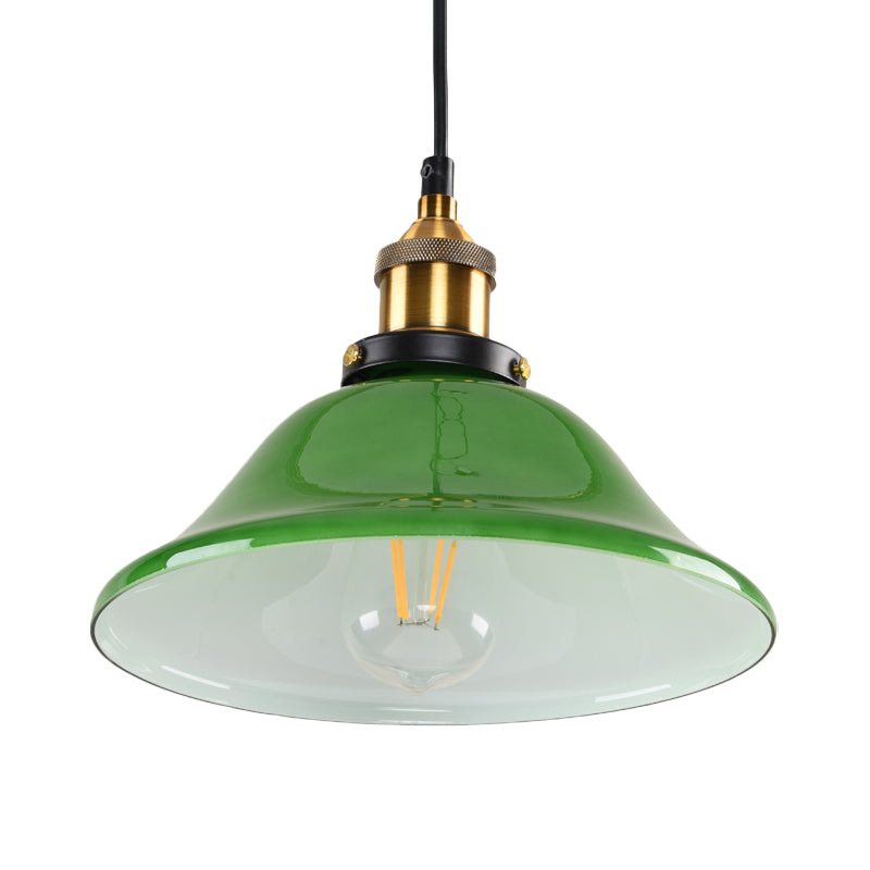 1-Light Vintage Brass Green Glass Pendant Hanging Light Fixture, 8"/10" Width – Perfect for Guest Rooms