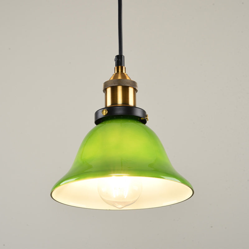 1-Light Vintage Brass Green Glass Pendant Hanging Light Fixture, 8"/10" Width – Perfect for Guest Rooms