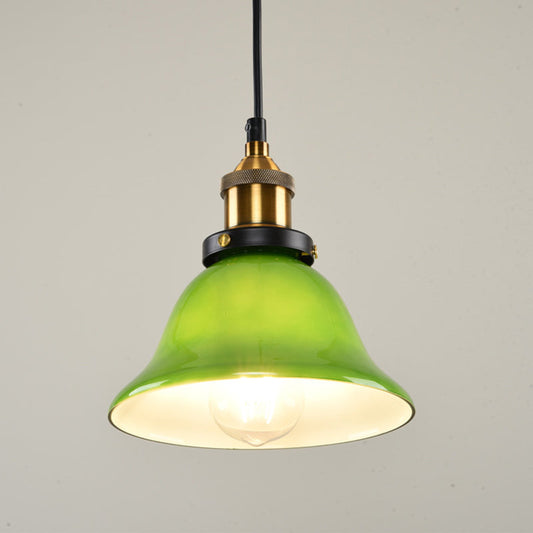 1-Light Vintage Brass Green Glass Pendant Hanging Light Fixture, 8"/10" Width – Perfect for Guest Rooms