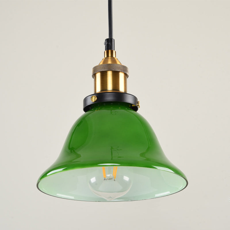 1-Light Vintage Brass Green Glass Pendant Hanging Light Fixture, 8"/10" Width – Perfect for Guest Rooms