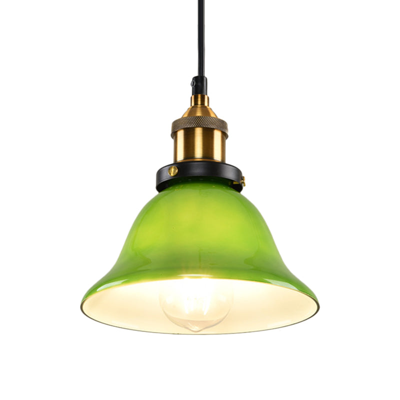 1-Light Vintage Brass Green Glass Pendant Hanging Light Fixture, 8"/10" Width – Perfect for Guest Rooms