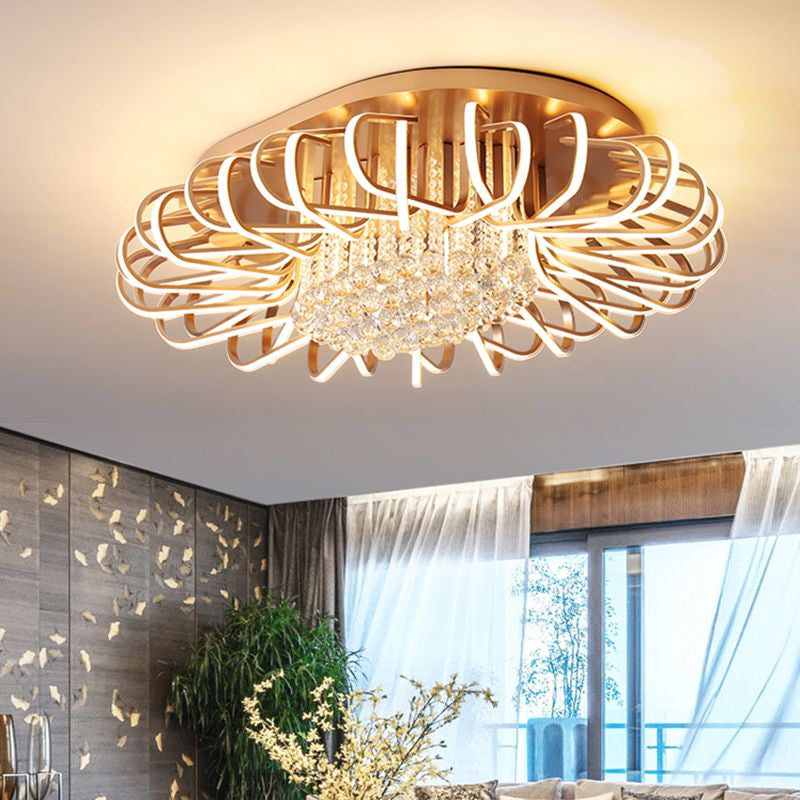 Rose Gold Twisted Flush Mount LED Ceiling Light with Crystal Ball Drop - Warm/White Lighting