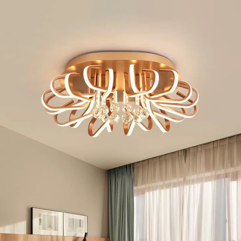 Rose Gold Twisted Flush Mount LED Ceiling Light with Crystal Ball Drop - Warm/White Lighting