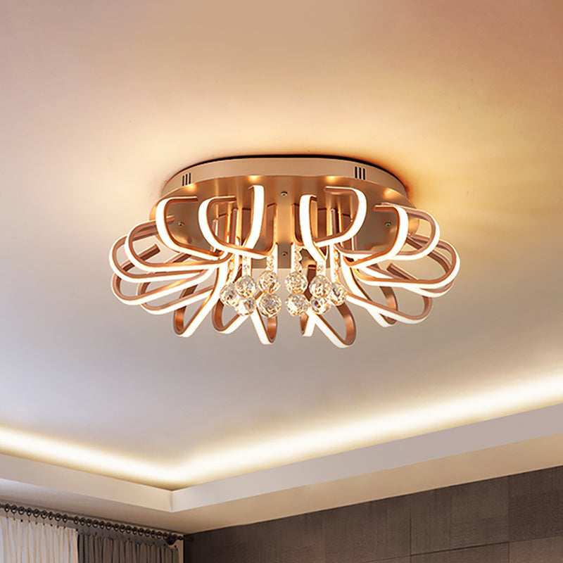 Rose Gold Twisted Flush Mount LED Ceiling Light with Crystal Ball Drop - Warm/White Lighting