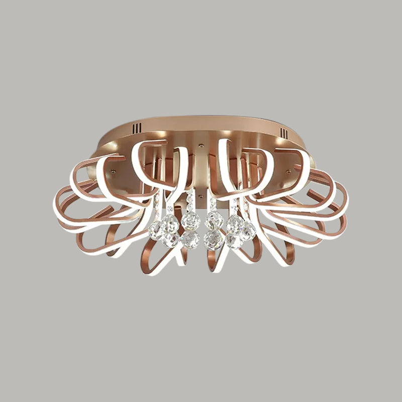 Rose Gold Twisted Flush Mount LED Ceiling Light with Crystal Ball Drop - Warm/White Lighting