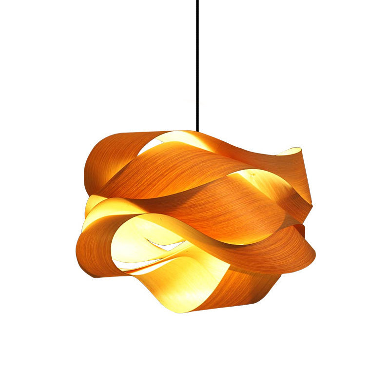 Contemporary Wooden Pendant Lamp - 1 Light, Beige - 18"/23.5" Width - Living Room Hanging Light